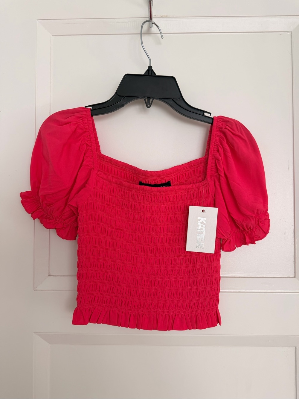 Katie J NYC Bright Hot Pink Smocked Puff Sleeve Crop Top